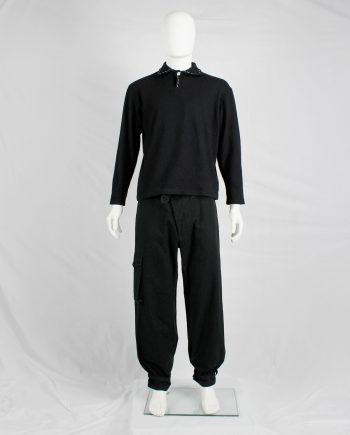 Bernhard Willhelm black harem trousers with belted legs and asymmetric closure