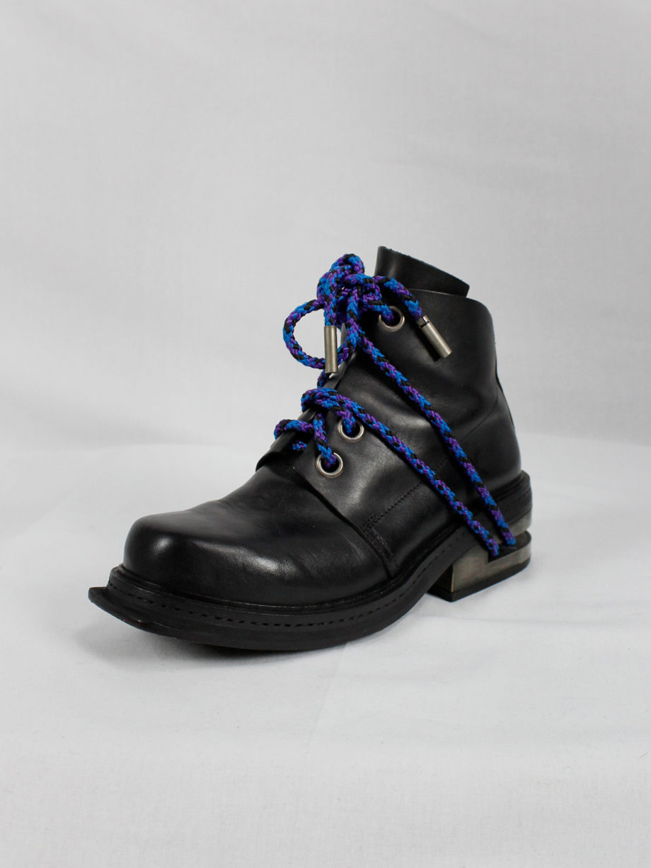 Dirk Bikkembergs black ankle boots with metal slit heel and purple cord fall 1994 (16)