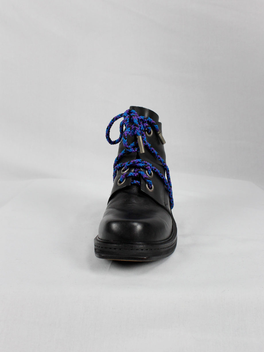 Dirk Bikkembergs black mountaineering boots with metal slit heel and purple cord (41) — fall 1994