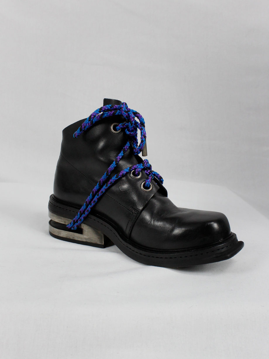 Dirk Bikkembergs black ankle boots with metal slit heel and purple cord fall 1994 (18)