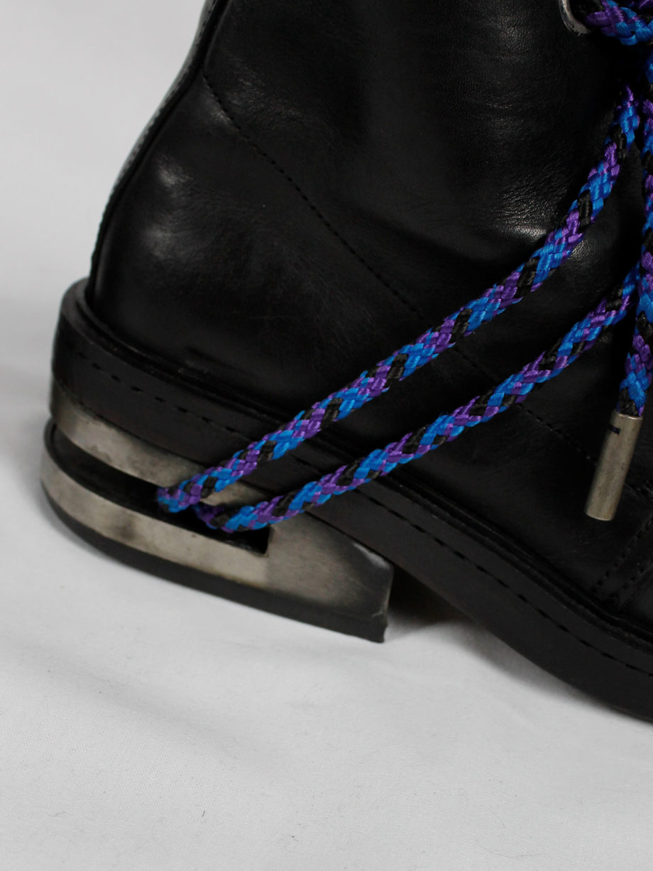 Dirk Bikkembergs black mountaineering boots with metal slit heel and purple cord (41) — fall 1994