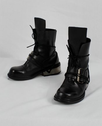 Dirk Bikkembergs black tall boots with belt and laces through the metal heel (40) — late 90’s