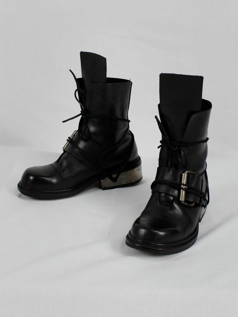 Dirk Bikkembergs black tall boots with belt and laces through the metal heel 1990s 90s (16)