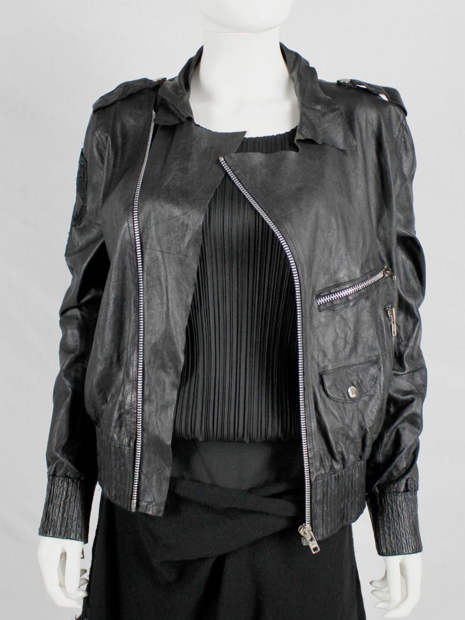 Marjan Pejoski black leather biker jacket with emboidered skull