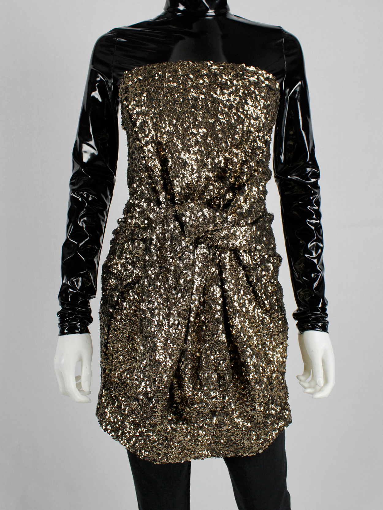 A.F. Vandevorst gold sequinned strapless dress with crossed sleeves ...