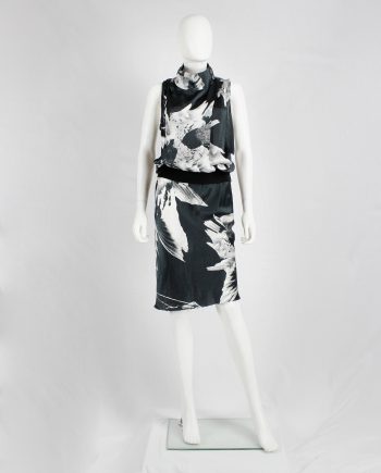 Ann Demeulemeester black bird print dress with standing neckline — spring 2010