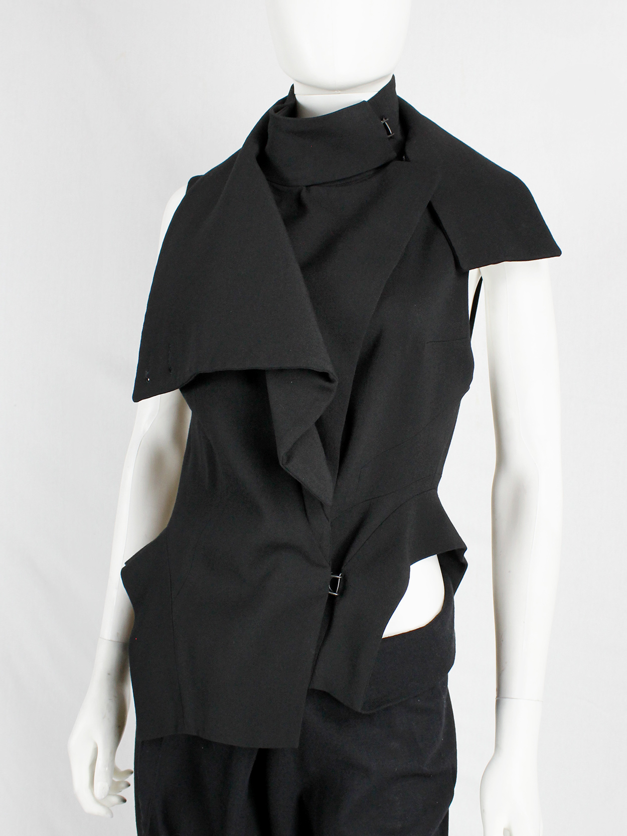 Ann Demeulemeester black draped vest with standing collar and zipper ...