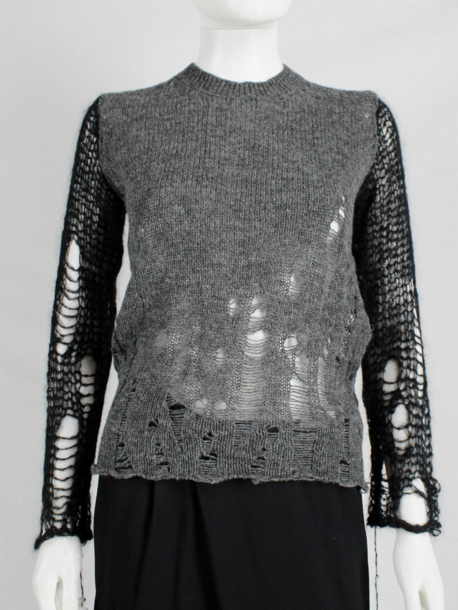 Comme des Garçons tricot grey and black destroyed cardigan with holes and loose threads (6)