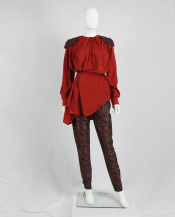 A.F. Vandevorst red draped blouse with brown riveted shoulder pads — fall 2010