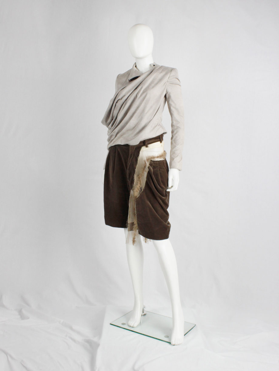 Comme des Garçons brown velvet shorts with cut off leg attached by sheer frills — spring 2007