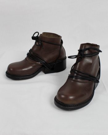 Dirk Bikkembergs brown boots with flap and laces through the soles (36) — fall 1994