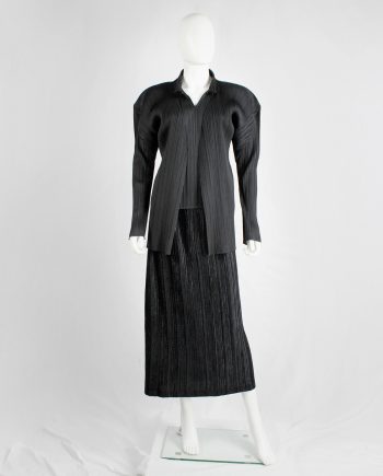 Issey Miyake Pleats Please black cardigan with open front and squared shoulders
