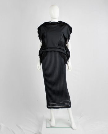 Issey Miyake black skirt with accordeon pleats and knitted lace lines at the hem