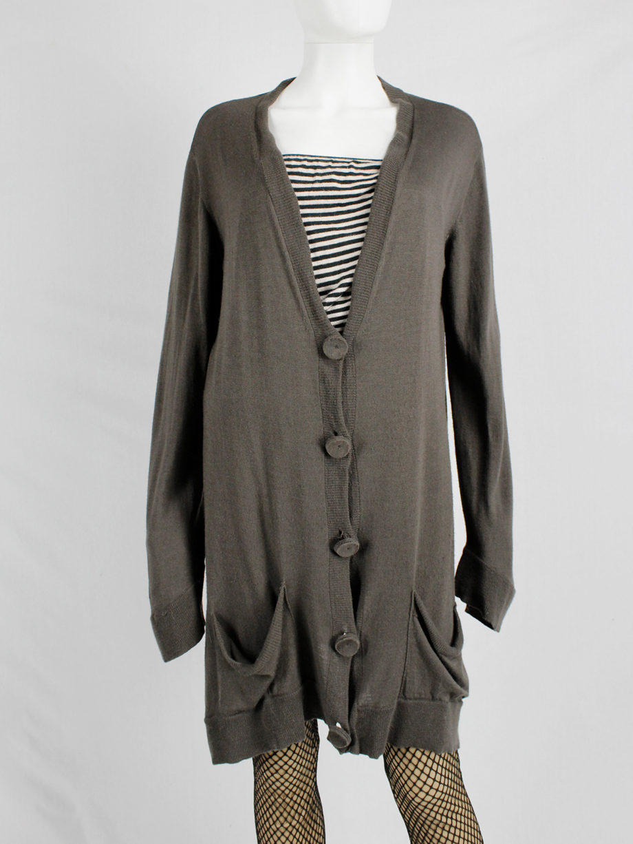 Maison Martin Margiela brown oversized cardigan with fabric covered buttons — fall 2004