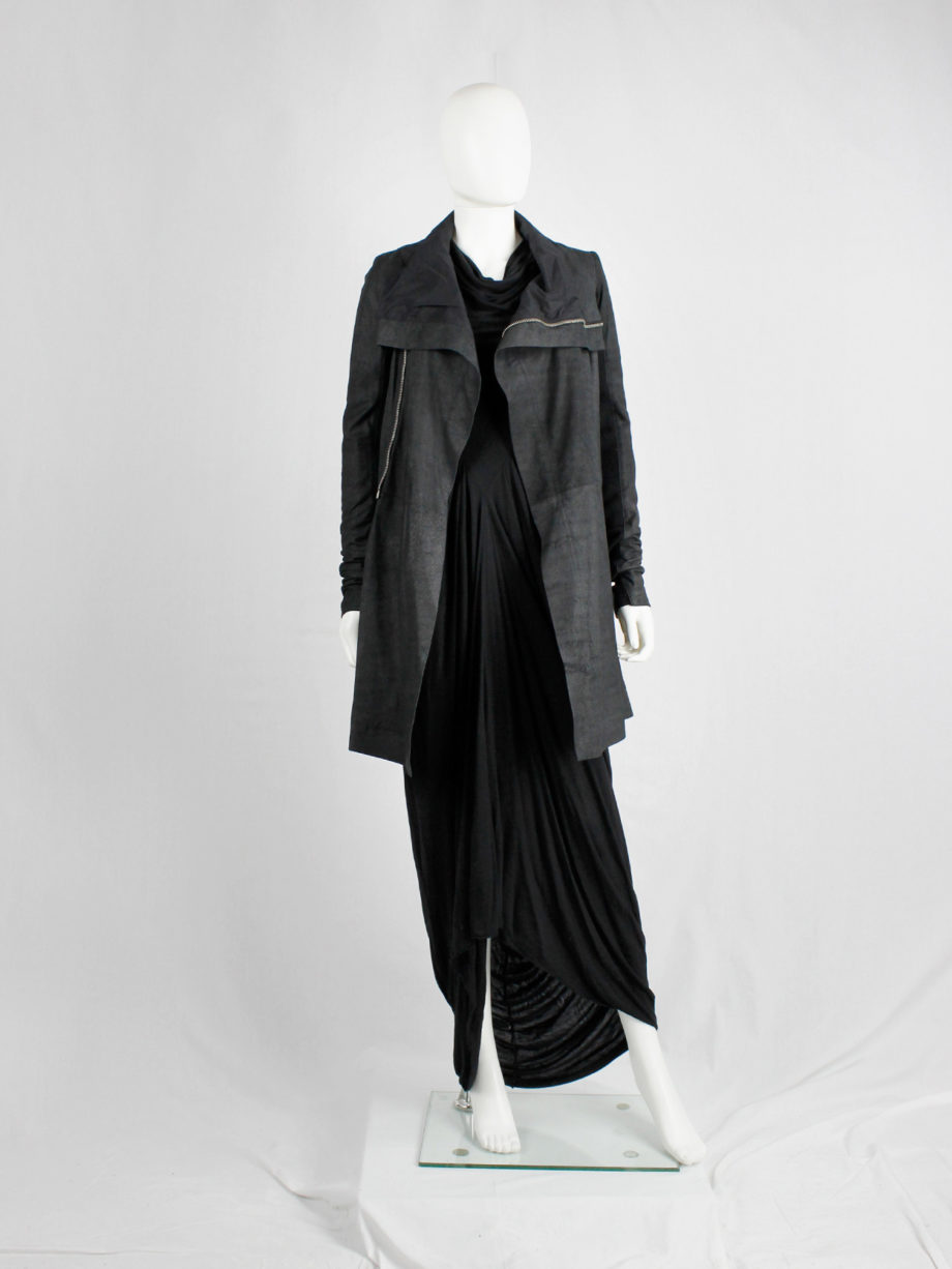 Rick Owens black long classic leather biker coat with standing neckline