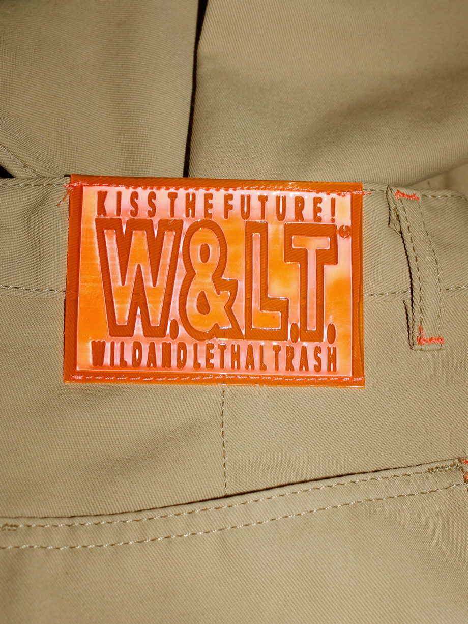Walter Van Beirendonck WaLT beige trousers with kneepad pockets and neon orange details 90s (1)