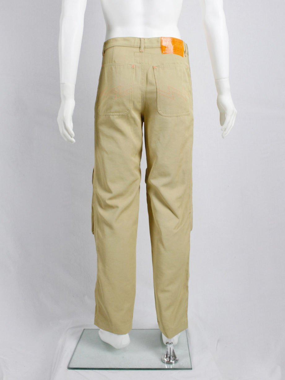 Walter Van Beirendonck WaLT beige trousers with kneepad pockets and neon orange details 90s (10)