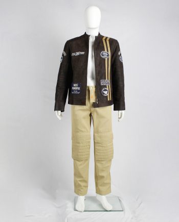 Walter Van Beirendonck W&LT beige trousers with kneepad pockets and neon orange details — 1990's