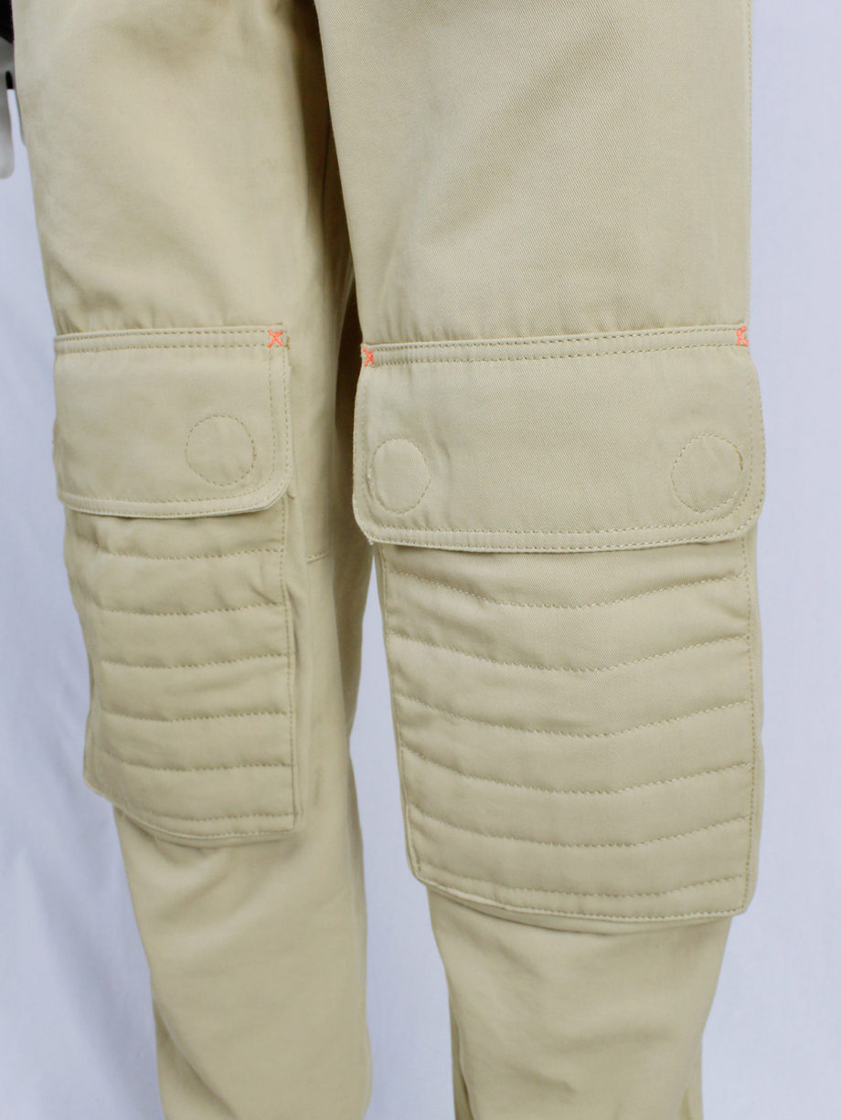 Walter Van Beirendonck WaLT beige trousers with kneepad pockets and neon orange details 90s (7)