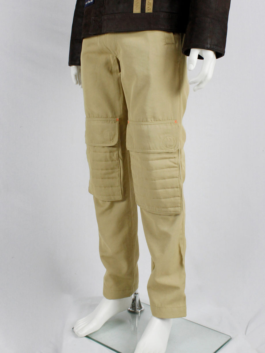 Walter Van Beirendonck WaLT beige trousers with kneepad pockets and neon orange details 90s (8)