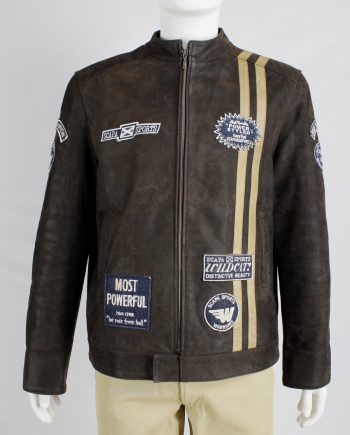 Walter Van Beirendonck for Scapa brown leather 'Formula 1' jacket with beige stripes and patches