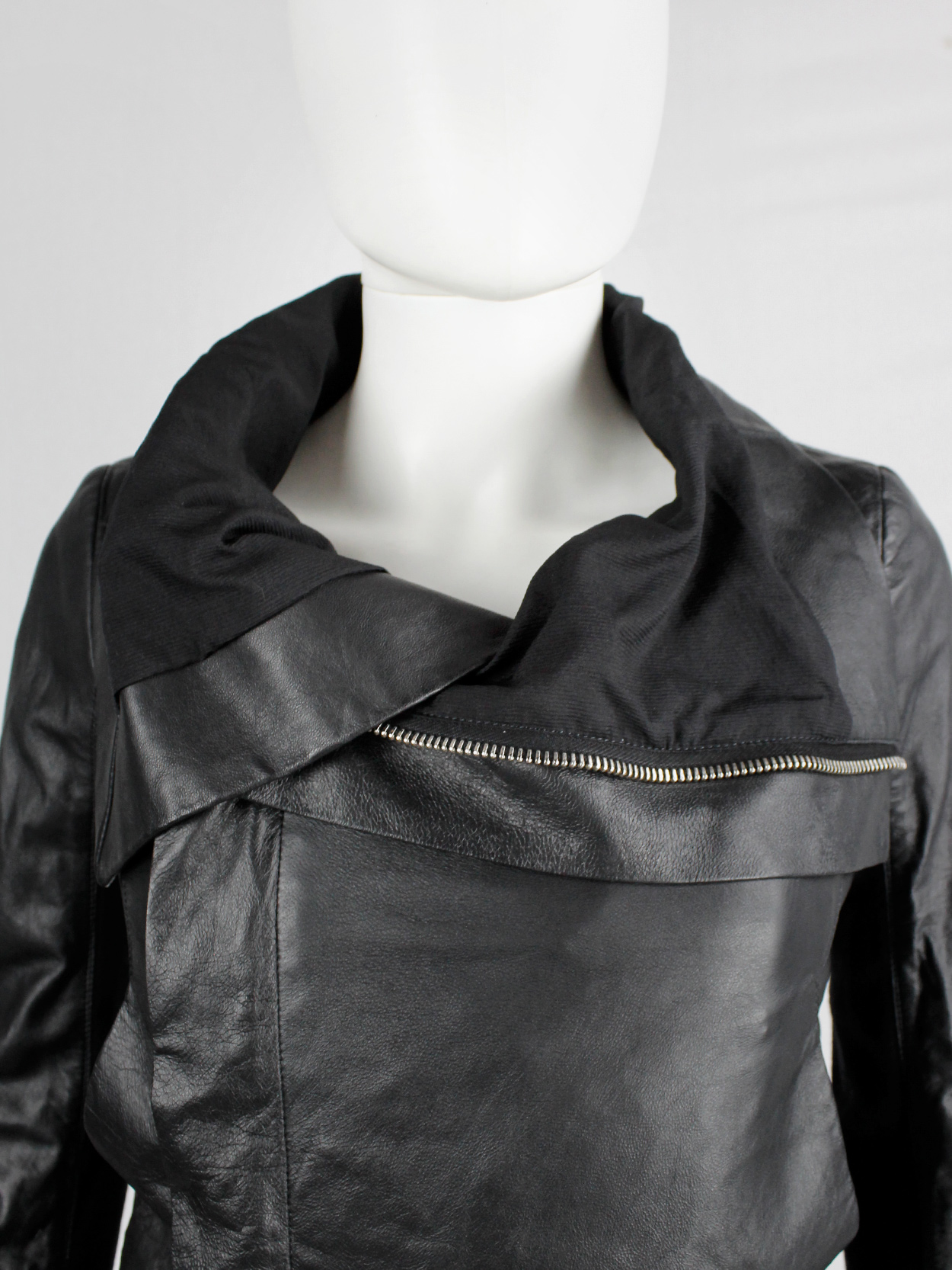 Rick Owens black leather classic biker jacket with standing neckline ...