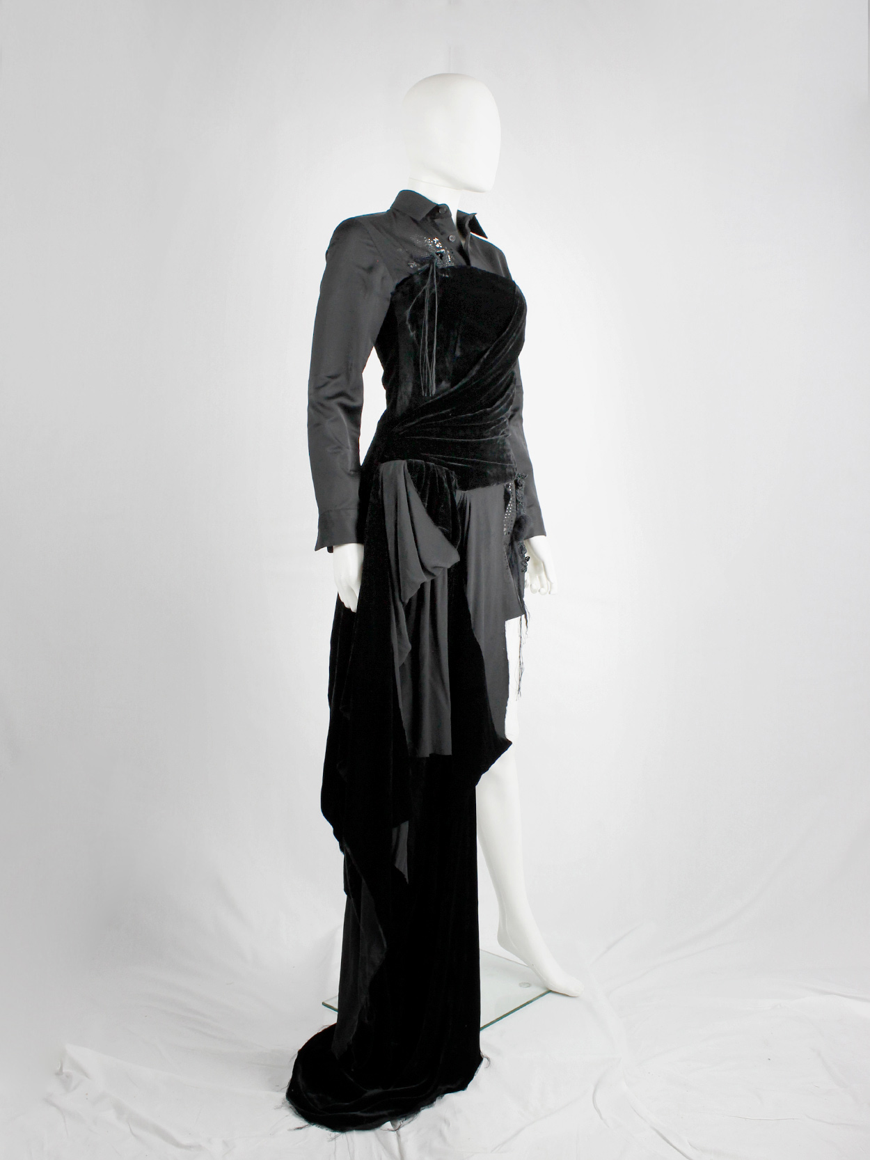 A.F. Vandevorst black velvet bustier with sash and floor-length side ...