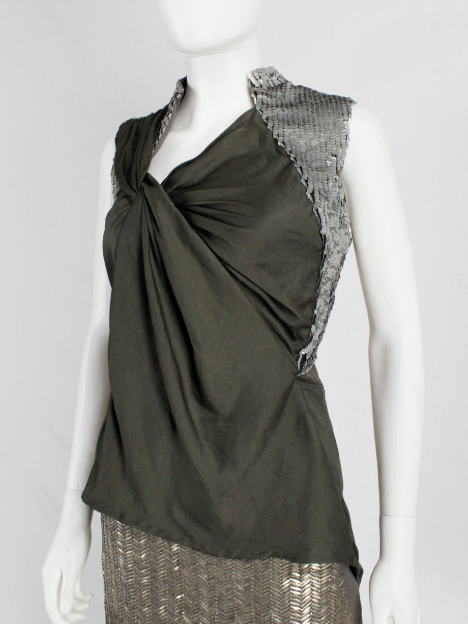 A.F. Vandevorst khaki green draped top with silver sequin shoulder panel and open back spring 2011 (12)