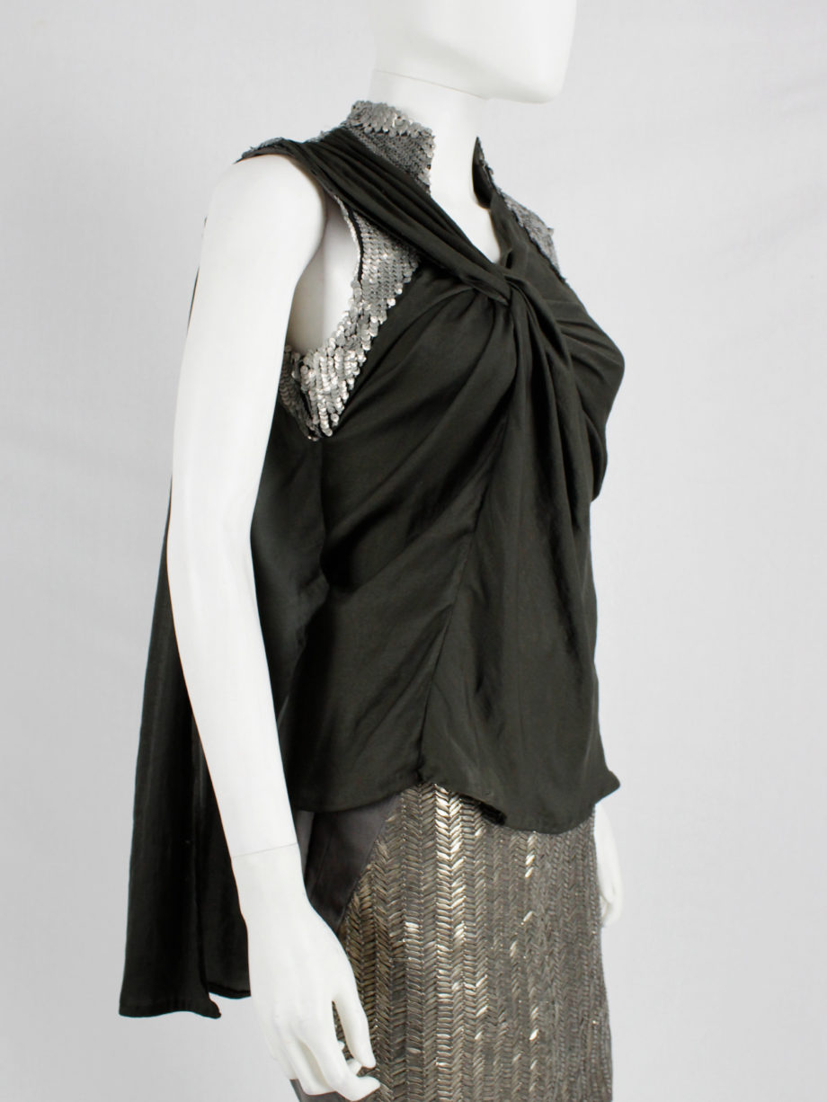 A.F. Vandevorst khaki green draped top with silver sequin shoulder panel and open back — spring 2011