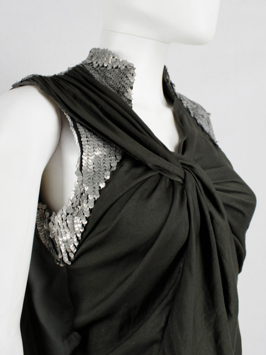 A.F. Vandevorst khaki green draped top with silver sequin shoulder panel and open back spring 2011 (17)