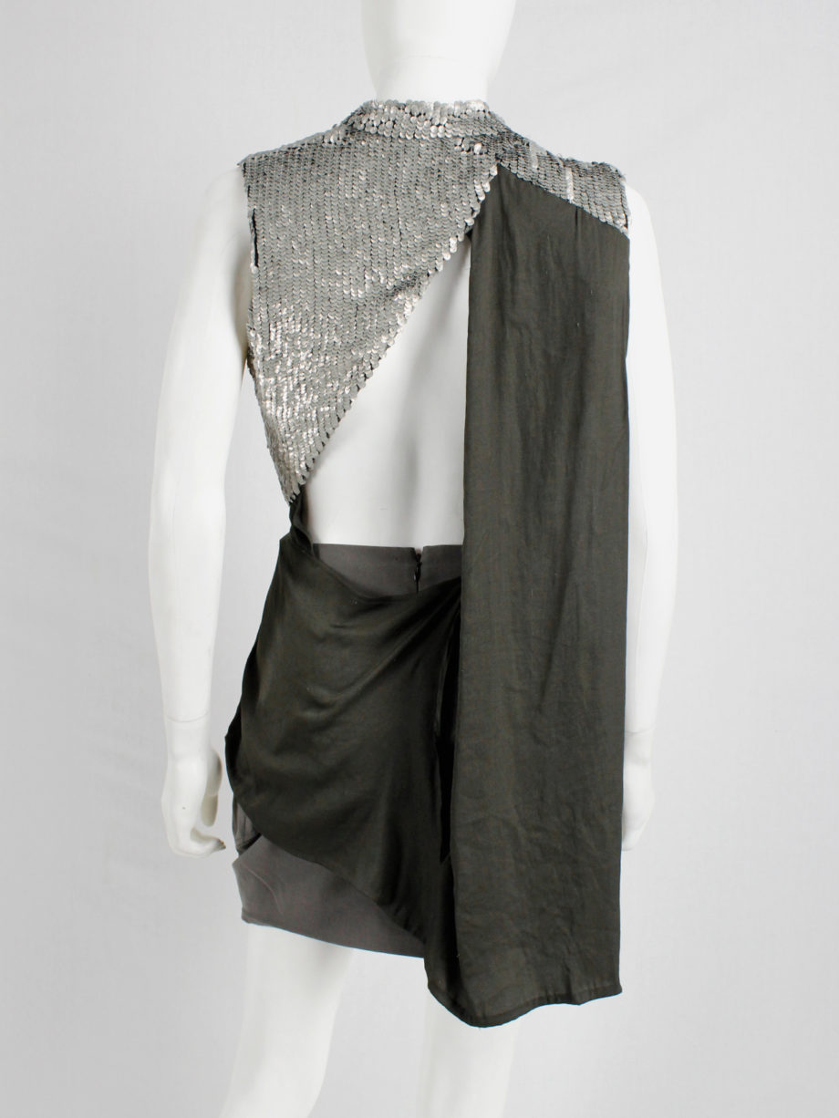 A.F. Vandevorst khaki green draped top with silver sequin shoulder panel and open back spring 2011 (18)