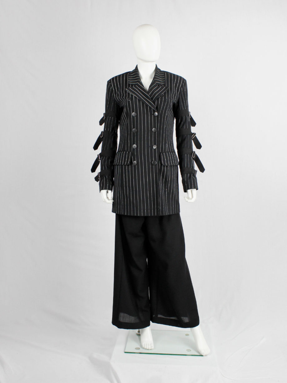 Marithe Francois Girbaud navy pinstripe blazer with belts around the sleeves (12)