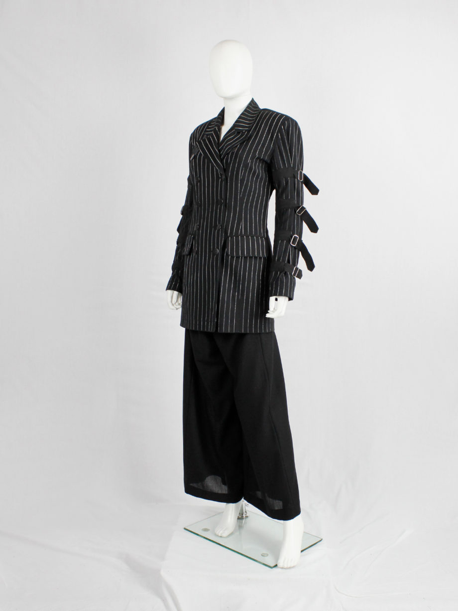 Marithe Francois Girbaud navy pinstripe blazer with belts around the sleeves (13)