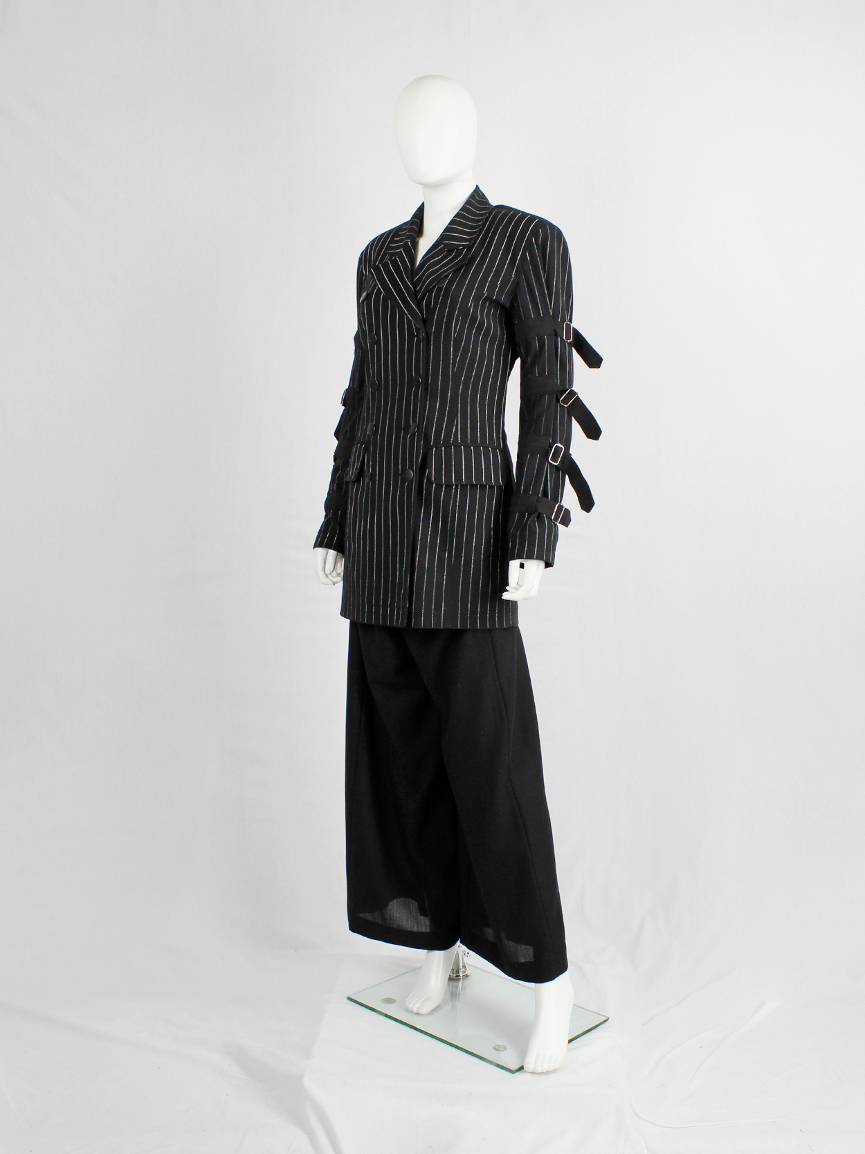 Marithe + Francois Girbaud navy pinstripe blazer with belts around the ...