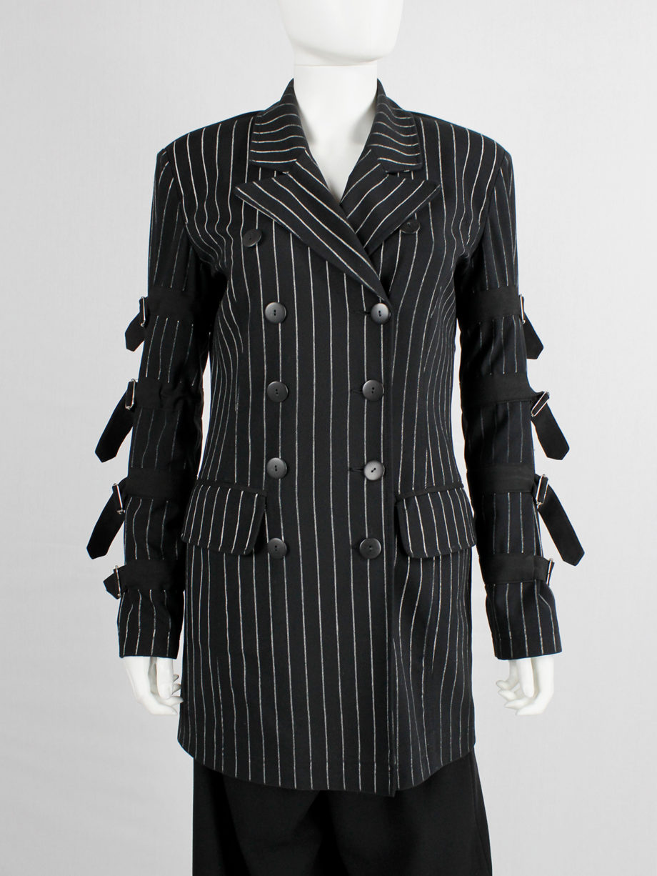 Marithe Francois Girbaud navy pinstripe blazer with belts around the sleeves (7)