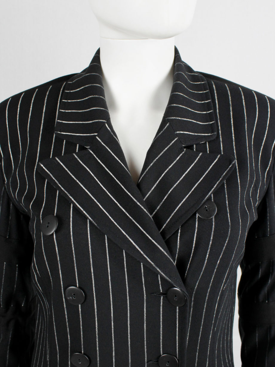 Marithe Francois Girbaud navy pinstripe blazer with belts around the sleeves (8)