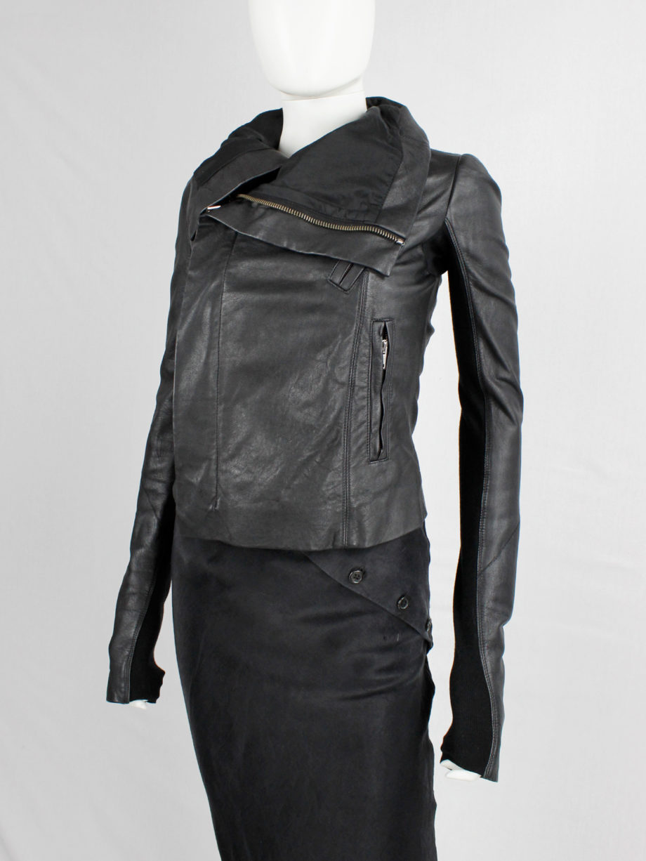 Rick Owens black leather asymmetric biker jacket with high standing neckline