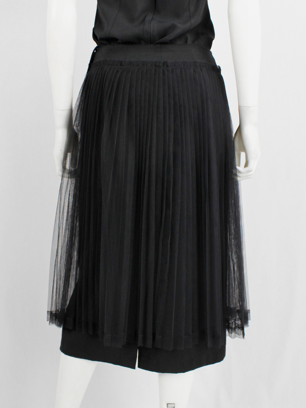Comme des Garçons black pencil skirt with attached pleated mesh skirt ...