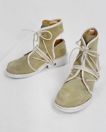 Dirk Bikkembergs beige cut out boots with white trim and laces through the soles — early 90's