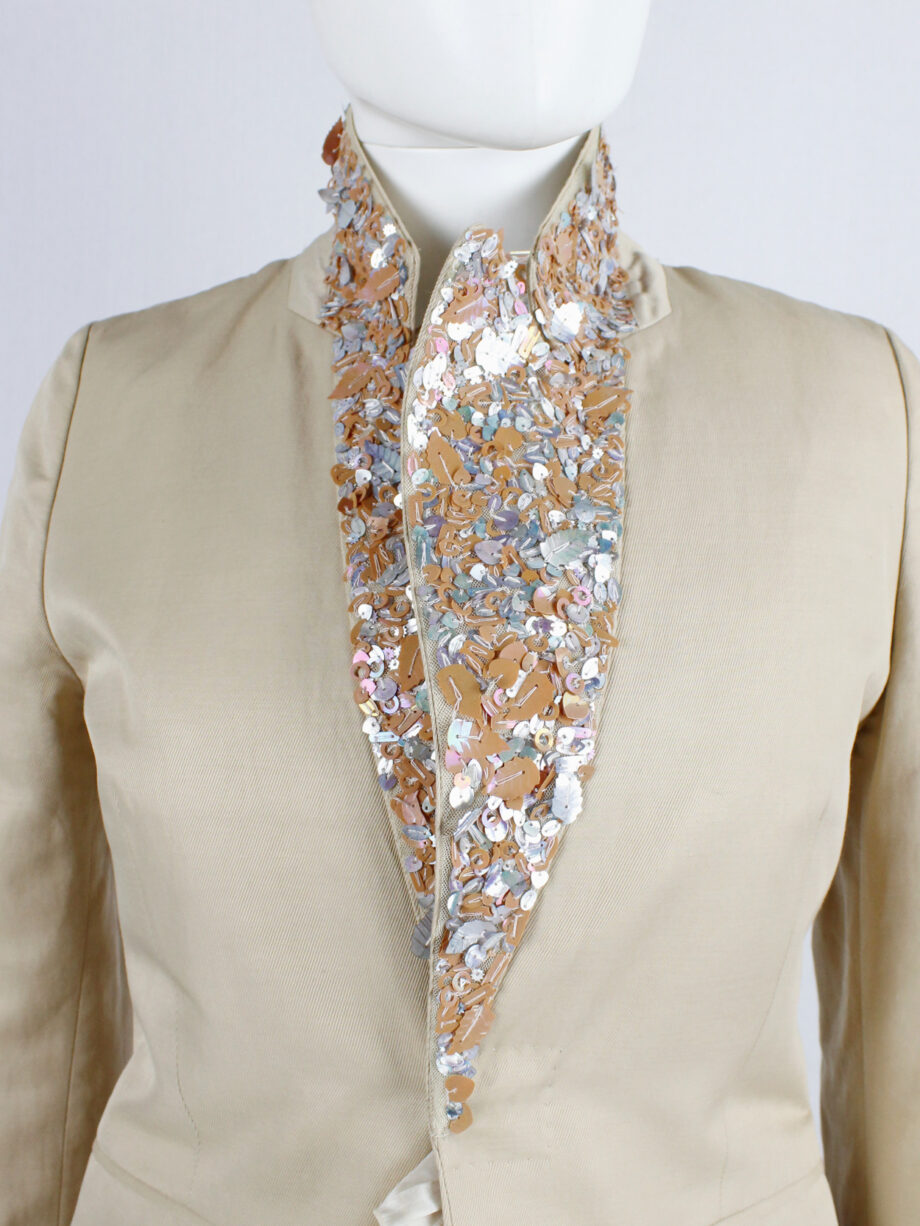 A.F. Vandevorst beige blazer with pink leaf sequins underneath the collar — spring 2000 (10)