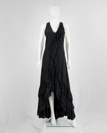 A.F. Vandevorst black maxi dress with front ruffle and heavily tiered skirt — spring 2004
