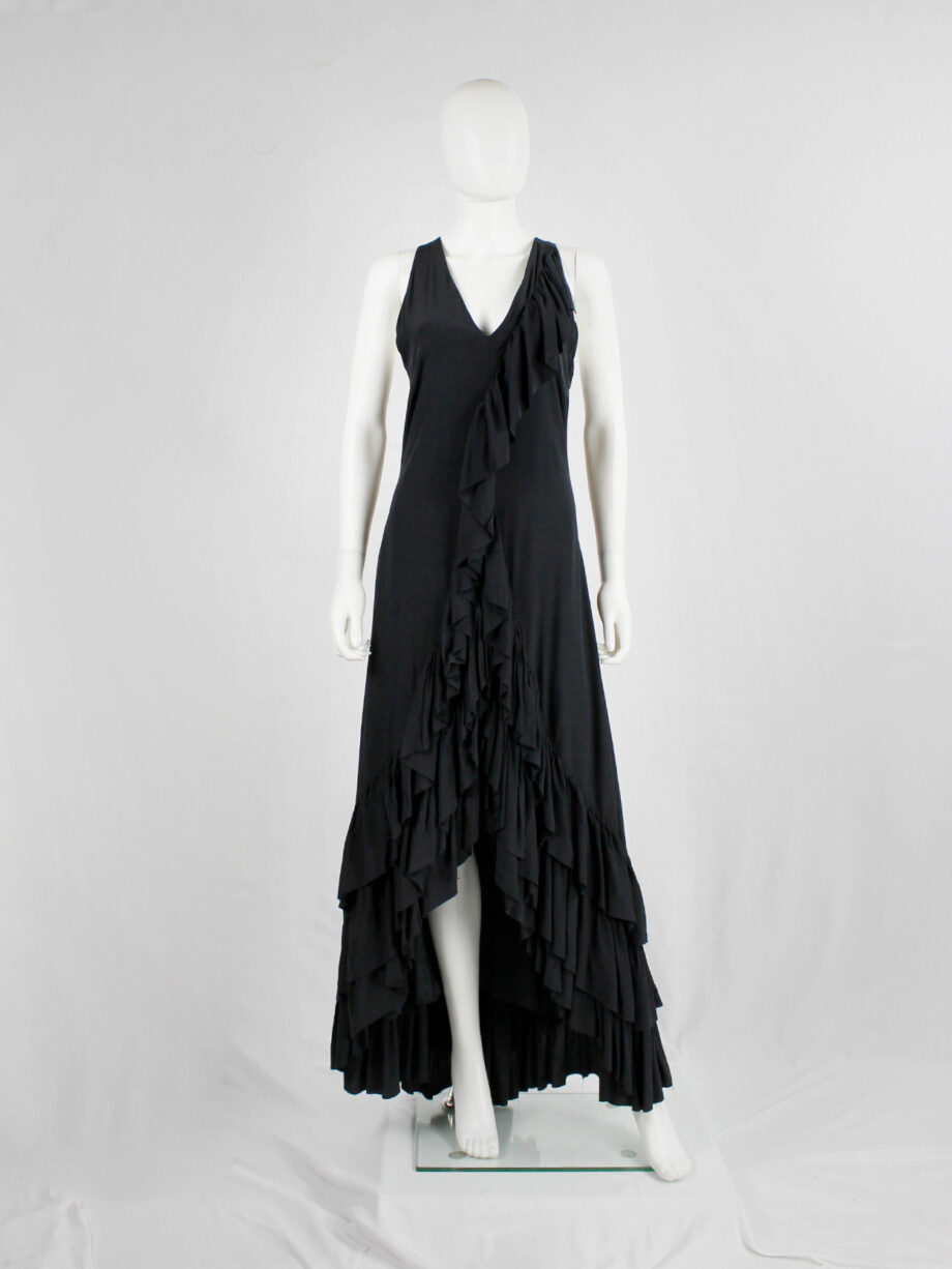 A.F. Vandevorst black maxi dress with front ruffle and heavily tiered skirt spring 2004 (7)