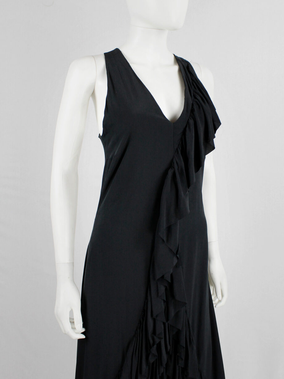A.F. Vandevorst black maxi dress with front ruffle and heavily tiered skirt spring 2004 (9)