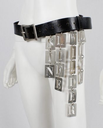 Ann Demeulemeester black leather belt with SIN, LIFE, WILDER and LIVE dogtags — spring 2003