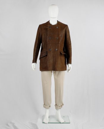 Lieve Van Gorp brown double breasted leather coat in thick leather — 1993/1995