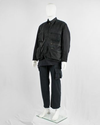 Pour Deux black leather jacket with cargo pockets and contrasting sleeves and back