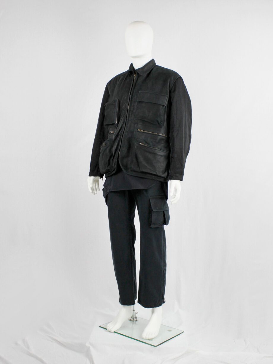 Pour Deux black leather jacket with cargo pockets and contrasting sleeves and back (2)