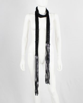 Ann Demeulemeester black long knit scarf with leather tassels