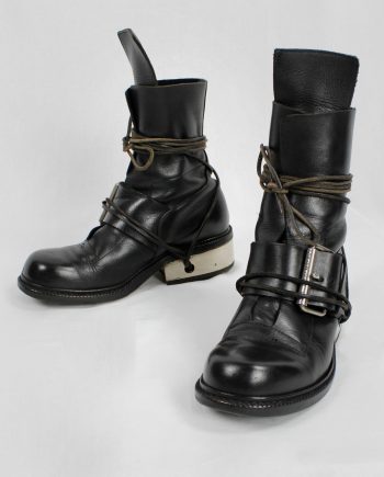 Dirk Bikkembergs black tall boots with belt and laces through the metal heel (38) — late 90’s