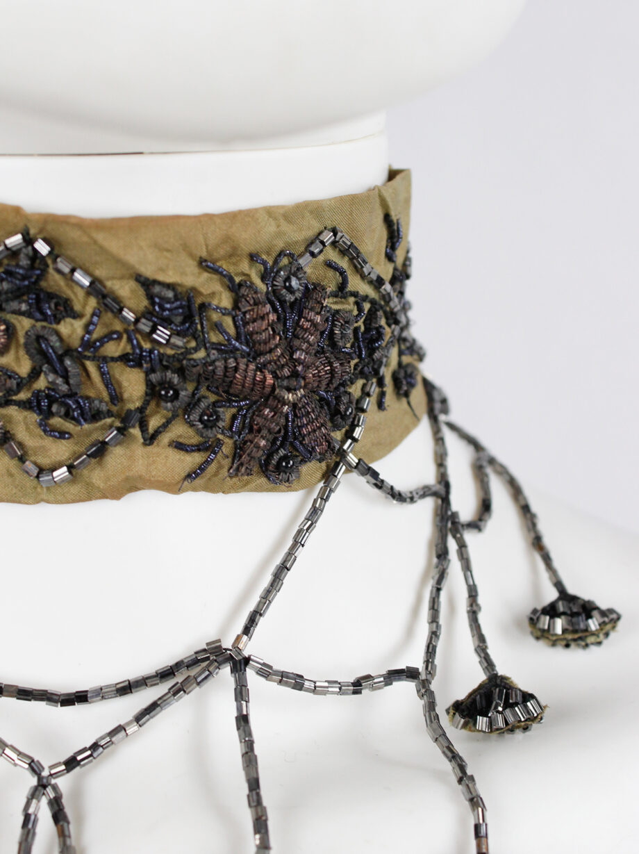 Dries Van Noten brown silk choker with floral embroidery and beaded strands 1980s 80s (11)
